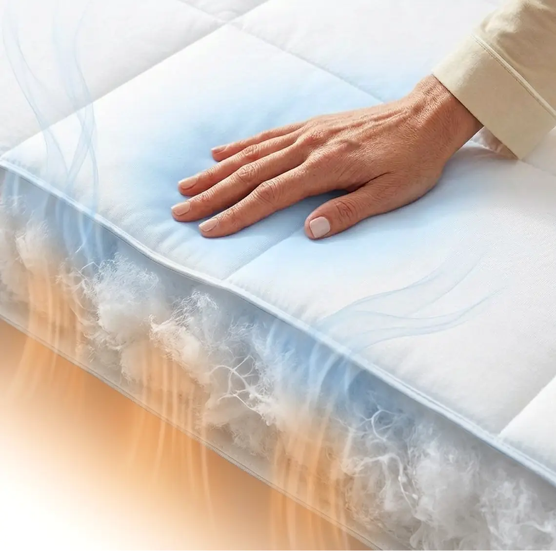 Hand touching the breathable Cooling Comforter